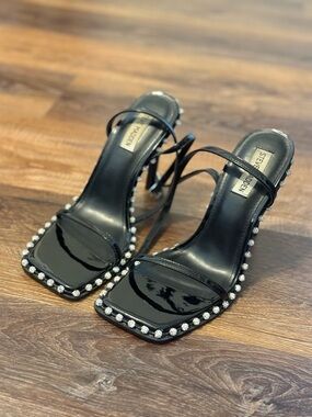 Steve Madden Black Patent Strappy Heels with Rhinestone Trim